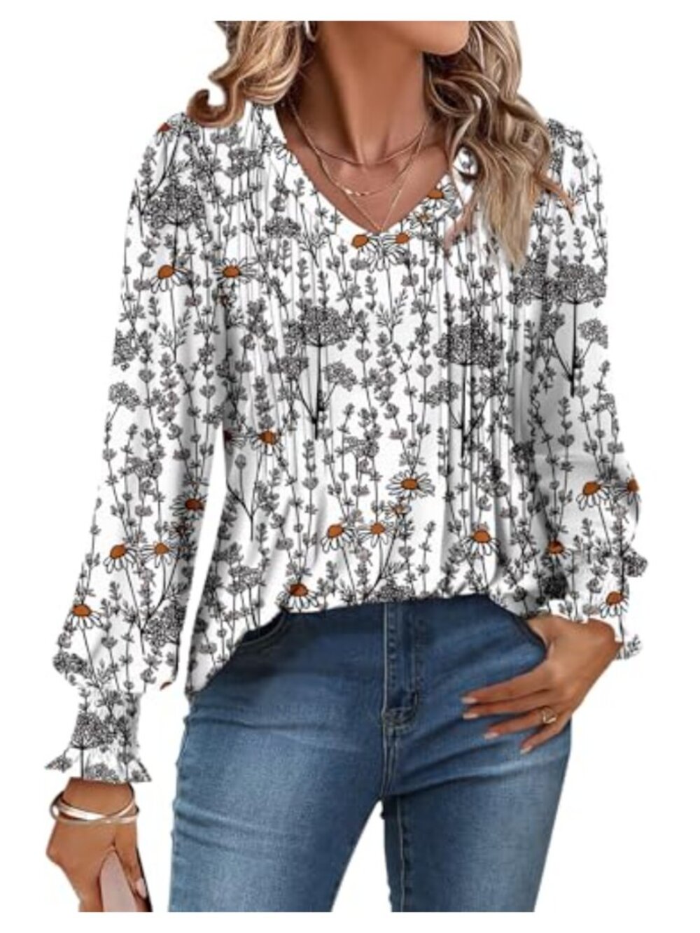 Womens Tunic Top V Neck Puff Long Sleeve Pleated Flowy Blouse